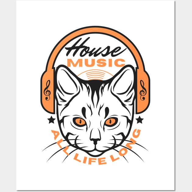 HOUSE MUSIC - Headphone Cat (Orange/Black) Wall Art by DISCOTHREADZ 